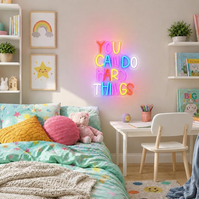 You Can Do Hard Things Neon Sign for Wall Decor Positive Inspirational Neon Light USB Dimmable Classroom Office Library LED Light Up Sign for Bedroom Birthday Party Classroom Decoration