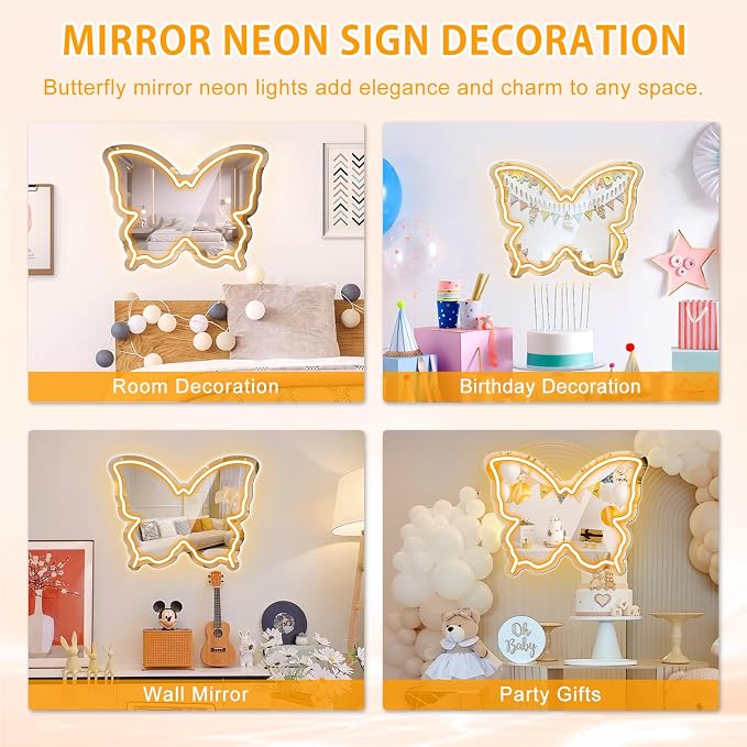 Butterfly Neon Sign Mirror, LED Neon Signs for Wall Decor, 15.7'' x 12'' Dimmable Neon Light for Teen Girls & Kids Birthday Party Gift, Neon Sign for Girl Room Decor, Wall Mirror, USB Powered (Warm White)