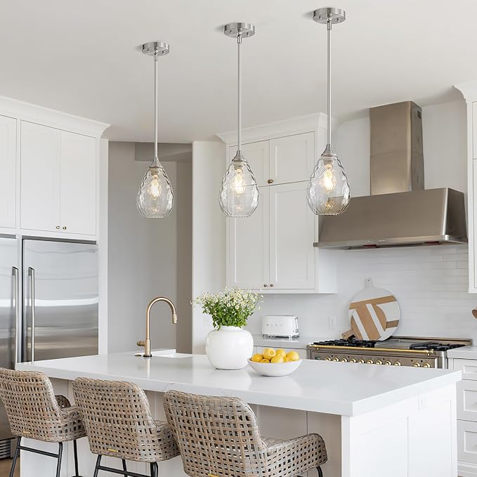 Glass Pendant Lights Kitchen Island, 1-Light Modern Brushed Nickel Pendant Light Fixtures with Hammered Glass and Rods, Small Hanging Light for Kitchen Sink Dining Room Bathroom