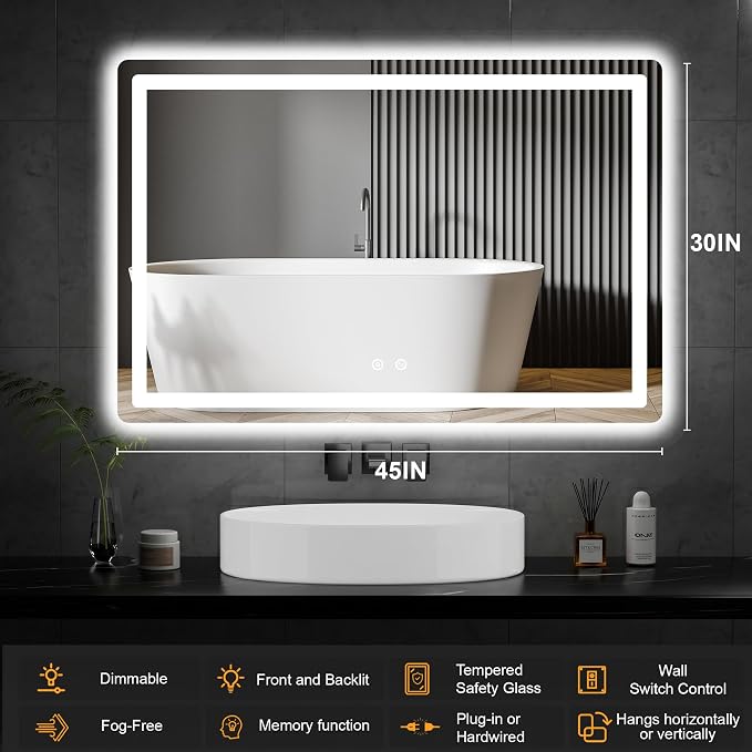 LED Bathroom Vanity Mirror with Lights, 30"x45" Lighted Wall Mirror | Front and Backlit, Anti Fog, Dimmable 3 Color Lighting, Memory Function, Shatterproof Glass, Plug in or Hardwired