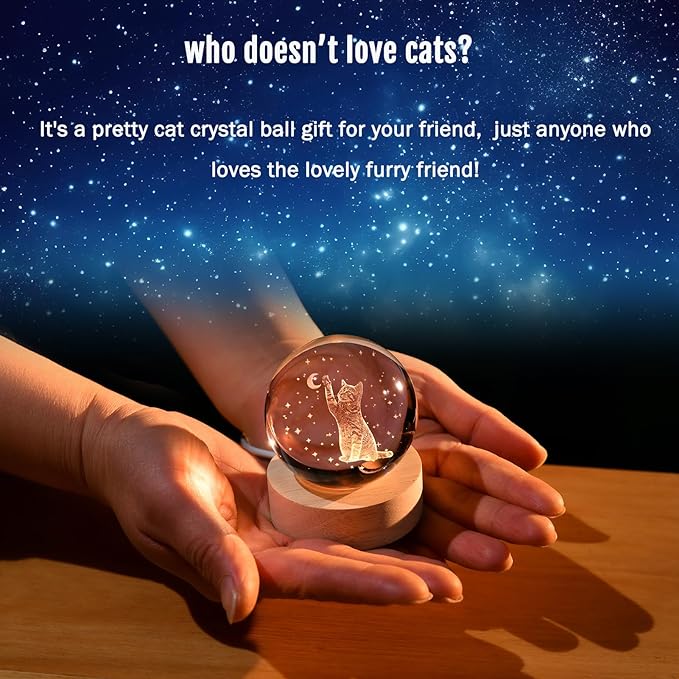 IFOLAINA 3D Cat Themed Gifts for Women Friends Cat Lovers Presents 2.36" Engraved Crystal Ball with Wooden Light Base Crystal Pet Sphere Decor