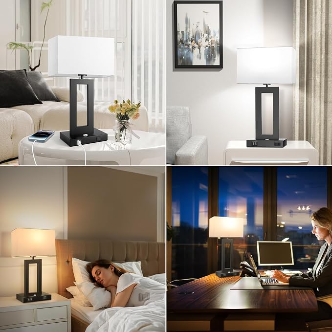 Kondras Set of 2 Table Lamps for Bedrooms, 3-Color Temperatures Touch Control Bedside Lamps with 2 USB Ports&AC Outlet, Stepless Dimmable Living Room Lamps for Nightstand, Bulbs Included, White&Black