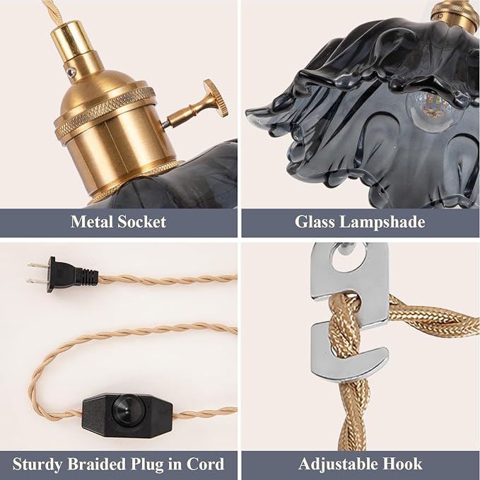 Plug in Pendant Light Fixtures,Hanging Light Fixture Corded On/Off Switch,10.6in E26 Blue Glass Lampshade Pendant Lighting for Kitchen Island, Bedroom, Dining Room