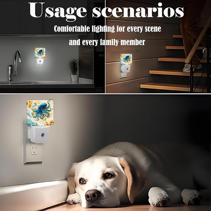 Octopus on Beach Night Light,Plug-in Night Lights with Dusk-to-Dawn Sensor for Stairway,Hallway,Bedroom Sleep Friendly Ideal for Women/Girls/Boys Gift,0.5w