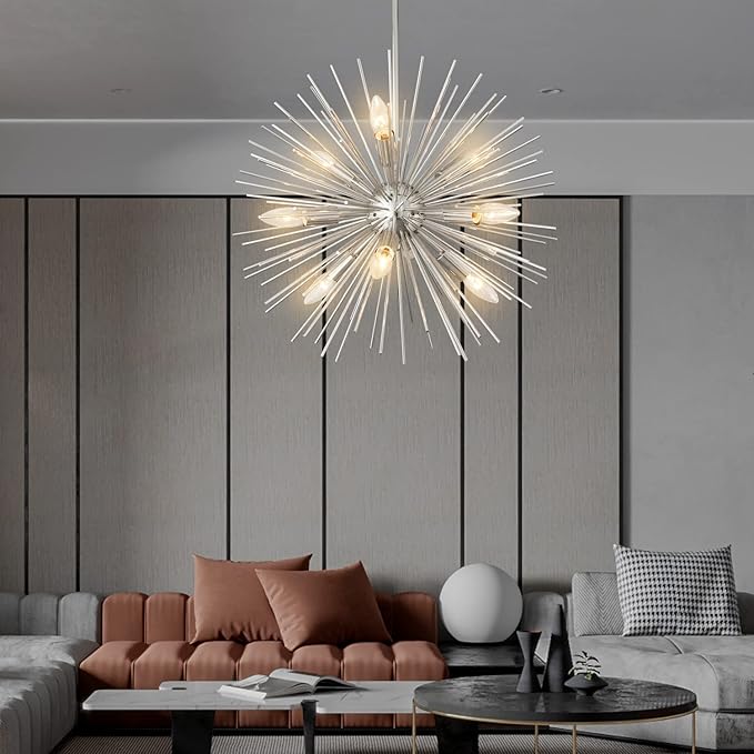 20" Modern Nickel Sputnik Chandelier 9-Lights Mid-Century Modern Starburst Chandelier Vintage Chrome Solid Metal Sputnik Chandeliers for Dining Room, Living Room, Bedroom, Kitchen, E12