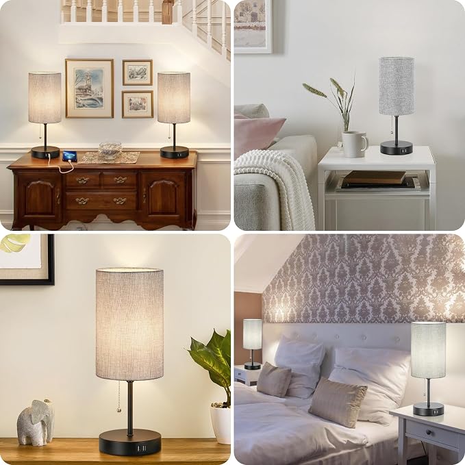 Modern Table Lamps Set of 2, Grey Fabric Shade and Black Metal Base for Living Room Bedroom Office Reading Dorm Hotel