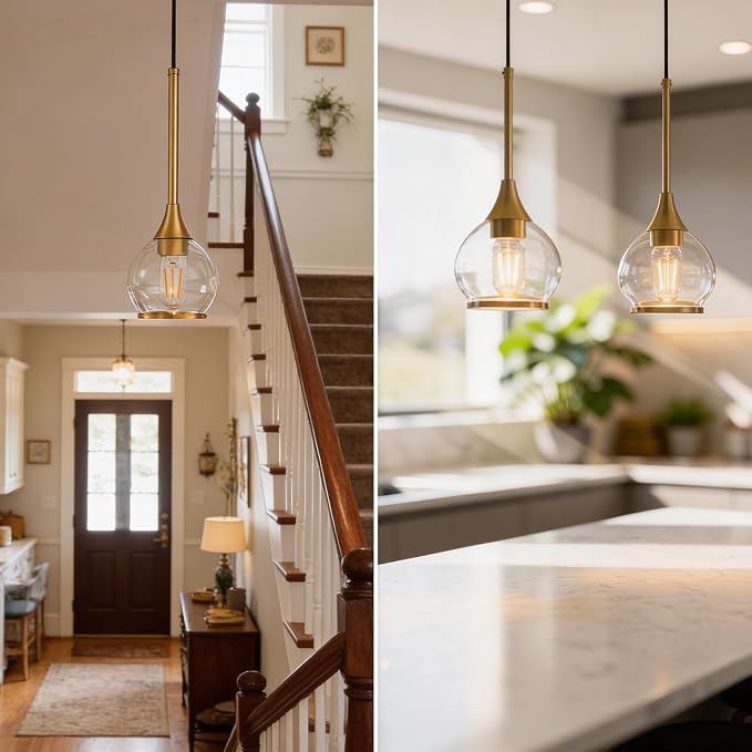 Gold Pendant Light Kitchen Island, 1 Light | Brushed Gold Pendant Light Fixture, Glass Globe Hanging Light, Adjustable Height for Kitchen Island, Dining Room & Bar