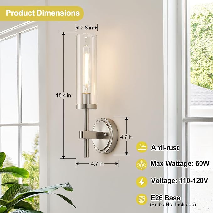 MOKATNG Wall Sconces Set of Two, Brushed Nickel Bathroom Sconces with Clear Glass, Hardwired Sconces Wall Decor Set of 2, Modern Wall Light Fixtures for Bathroom Mirror Living Room Bedroom Hallway