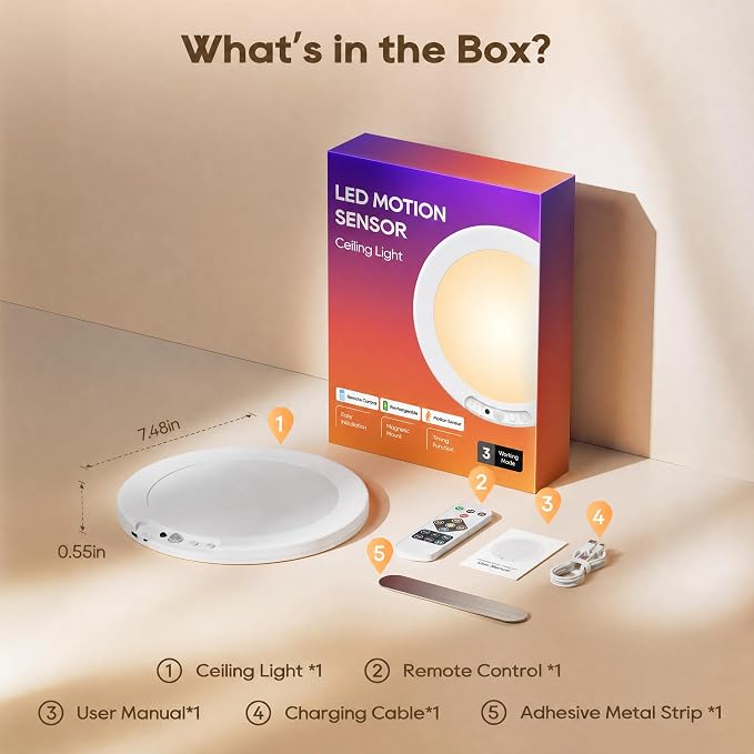 Rechargeable Motion Sensor Ceiling Light, 8000mAh Battery Operated Ceiling Lights with Remote, Magnetic Wireless Closet Light, 3 Color Dimmable LED Shower Lights for Closet Pantry Shed Hallway Patio