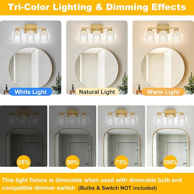 3-Light Bathroom Light Fixtures, Brushed Gold Vanity Lights Over Mirror | Wall Sconces with Clear Textured Glass Shades for Living Room Bedroom Hallway,E26 Base (Bulbs Not Included)