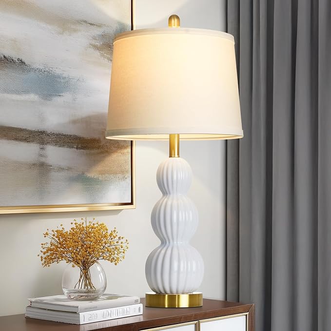 28" White Ceramic Table Lamp for Nightstand, Modern Bedside Table Lamp for Bedroom, Triple Gourd Lamp for Living Room End Table (1 Pack)