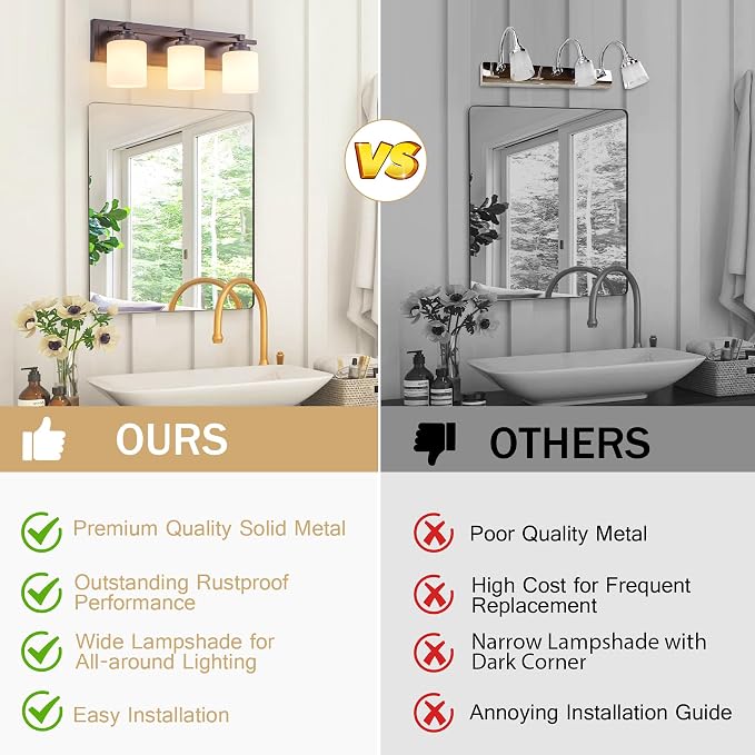 Modern Bathroom Light Fixtures Over Mirror, Vanity Lights for Bathroom Wall Sconces with Milky White Glass Shades, E26 Socket (Bulbs Not Included), 3 Light, Oil Rubbed Bronze