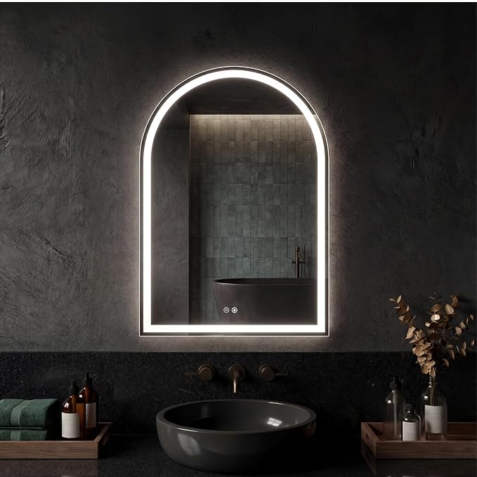 DUMOS 24"x32" LED Bathroom Mirror with Lights, Arched Vanity Mirror | Anti-Fog, Dimmable, 3-Color Light, Memory Function, Front Light and Backlit, Tempered Glass
