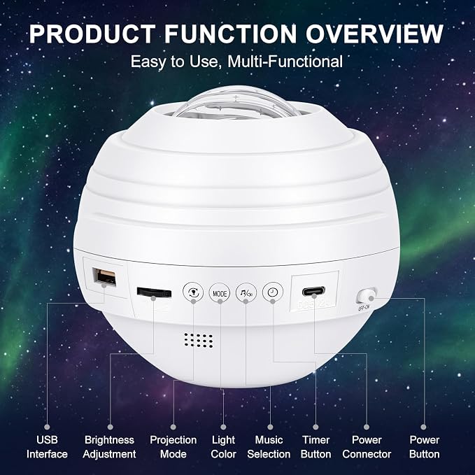 Galaxy Projector, Star Projector Bluetooth for Bedroom | White Noise Night Light Projector, Adjustable Brightness Ceiling Space Projector with Timer, Remote Control, Bedroom Deco