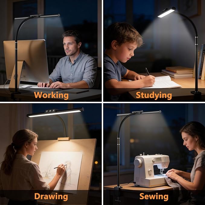 LED Desk Lamp for Home Office, Flexible Gooseneck Desk Lamp with Clamp, 5 Color Touch Control Stepless Dimming Adjustable Eye-Caring Desk Light with Adapter for Reading, Study, Workbench (Black)