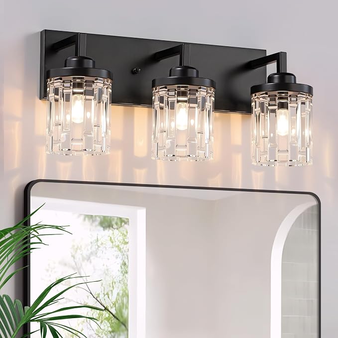 maesta Black Bathroom Light Fixture,3 Light Modern Vanity Light Over Mirror | Modern Vanity Light, Black Metal & Crystal Glass Fixture, Anti-Rust, Easy to Install for Bathroom Hallway Bedroom Entryway
