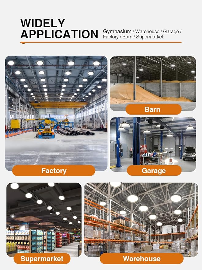 UFO LED High Bay Light,200W 30000LM 5000K IP65,6 Pack with 5ft US Plug | Plug‑and‑play design for garages, barns, gyms, supermarkets, workshops and large‑area commercial places