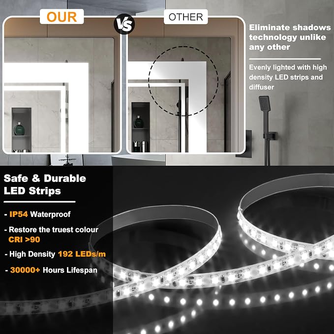 Ratsamee 30x36 Inch LED Bathroom Mirror with Frontlit & Backlit, Lighted Mirror for Bathroom Wall with 3-Color Dimmable & Anti-Fog, Vanity Mirror with Lights