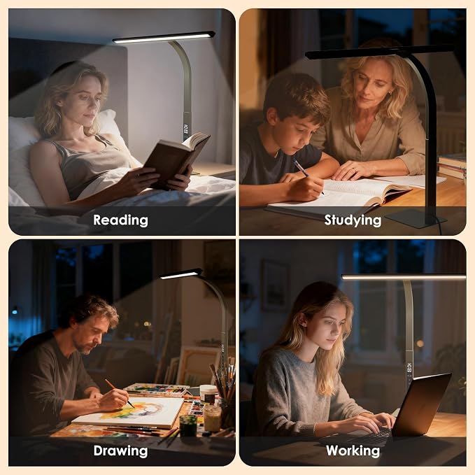 LED Desk Lamp for Office Home: Pomodoro Timer Table Light with Base 1600 Lumen Bright - 5 Color Stepless Dimming for Reading Study Drafting