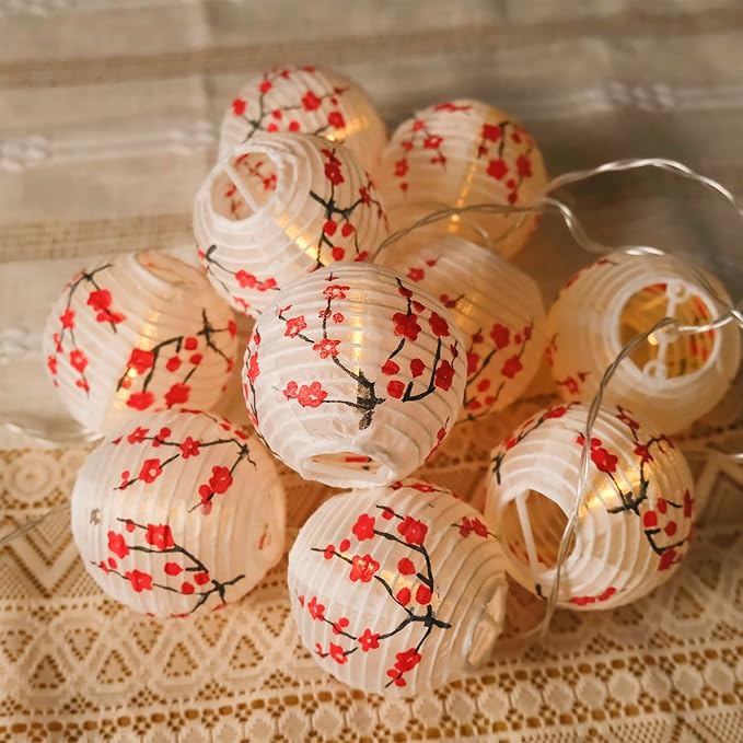RJZZ Chinese New Year Decorations 2026 Lunar New Year Decorations 2026 9.4FT Cherry Blossom Lights Plum Blossom Lantern String Lights Battery Operated 10 Count Japanese Decor Chinese Lanterns Lights