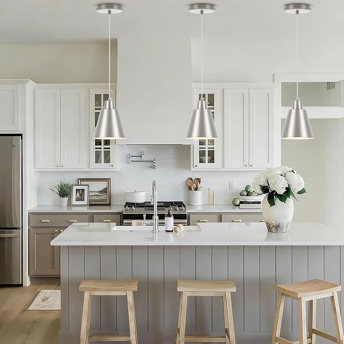 Industrial Pendant Lights, Brushed Nickel Pendant Light Fixtures, Vintage Kitchen Island Lights with Metal Shade, Farmhouse Pendant Lights for Dinning Table Bedroom Bar - Nickel, 3 Packs