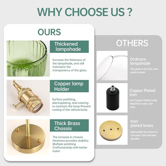 Shenmoyl Battery Operated Wall Sconce with Green Striped Shade Pattern Glass Adjustable Chain Retro Gold Wall Mounted Light, Modern Wall Lamp Fixtures Decor for Bedside Bedroom Indoor Doorway