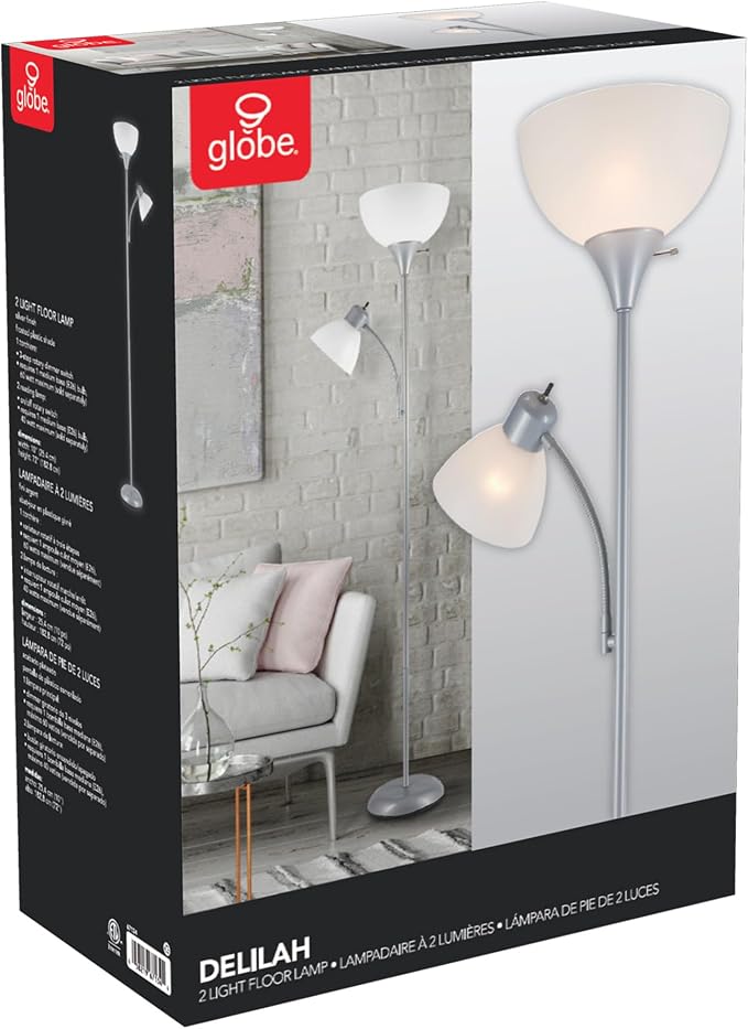 GLOBE Electric 67134 72" Torchiere Floor Lamp and Adjustable Reading Light, Silver, Frosted Shade, Dual Rotary Switch, 3-Step Dimming, Modern Lighting for Living Room or Office, Timeless (Pack of 2)