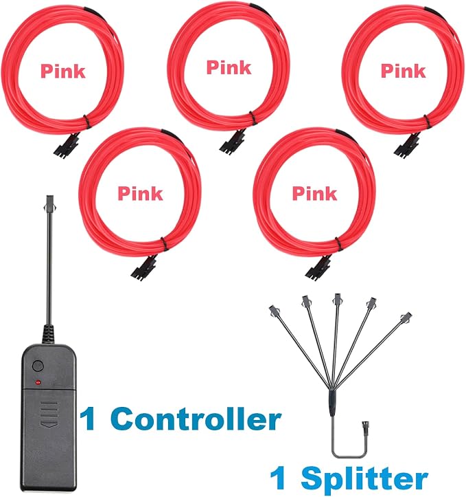 EL Wire-5 in 1 Meter Portable Neon Rope Lights Strip-Wearable Battery Pack Body Lights-360°Illumination-Super Bright-Cuttable-DIY Halloween Christmas Festival Party Bar Game Room Cosplay Costume(Pink)