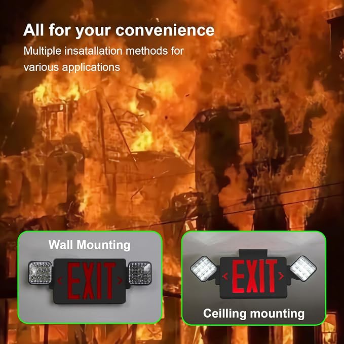 Black Red LED Exit Sign Emergency Light Combo, UL Listed Battery Backup | UL-listed commercial fire exit sign features 90-min battery backup, 360° rotating dual heads, and easy dual-mount setup.