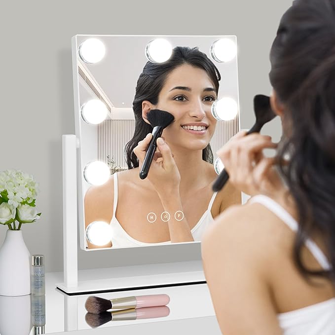 Vanity Mirror with Lights,Lighted Vanity Mirror with 9 Dimmable Bulbs for Dressing Room & Bedroom,3 Color Lighting,Modes Detachable 10x Magnification 360°Ratation(White) 12" L x 14.4" W