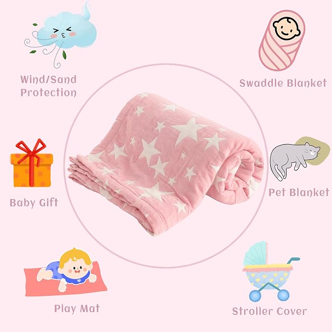 NTBAY 3 Layer Oversized Muslin Toddler Blanket, 45 x 60, Pink/White Star | Muslin Cotton Outer Layers with Light Thermal Fiber Fill, Reversible Blanket for Daycare, Travel, Naps, and Supervised Use