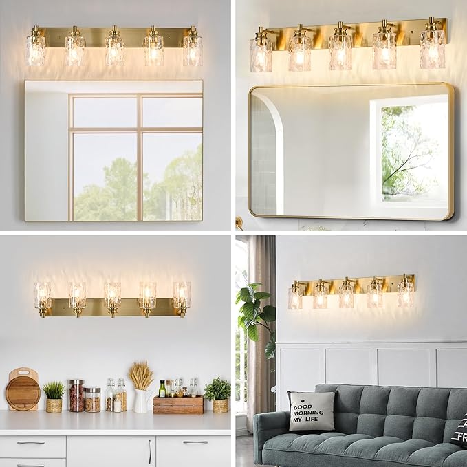 5 Light Bathroom Vanity Light Modern Brushed Gold Bathroom Light Fixtures Over Mirror with Hammered Glass Lampshade for Kitchen Hallway