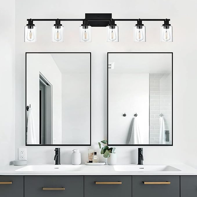 MELUCEE Ceiling Track Lighting Kits with Flexibly Rotatable Light Head | 6 Light Bathroom Light Fixtures Wall Mount Modern Black Spotlights with Clear Glass Shade, 45.3 Inch