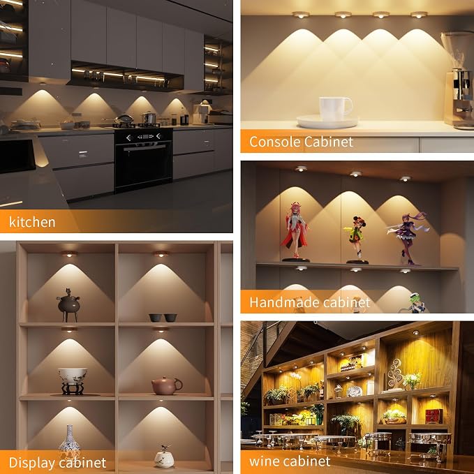 Puck Lights with Remote Control,Under Cabinet Lighting,Silver,3PCS | 2200mAh Rechargeable Push Light,3 Color Temperatures Dimmable Under Cabinet,Closet Light,Tap Light for Shelf,Bookcase