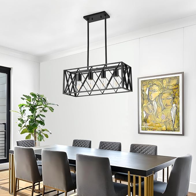 KEESFU Black Farmhouse Kitchen Island Lighting, 4 Lights Pendant Lighting Fixtures, Adjustable Height, Industrial Dining Room Light for Living Room Foyer Dining Table Over Sink.