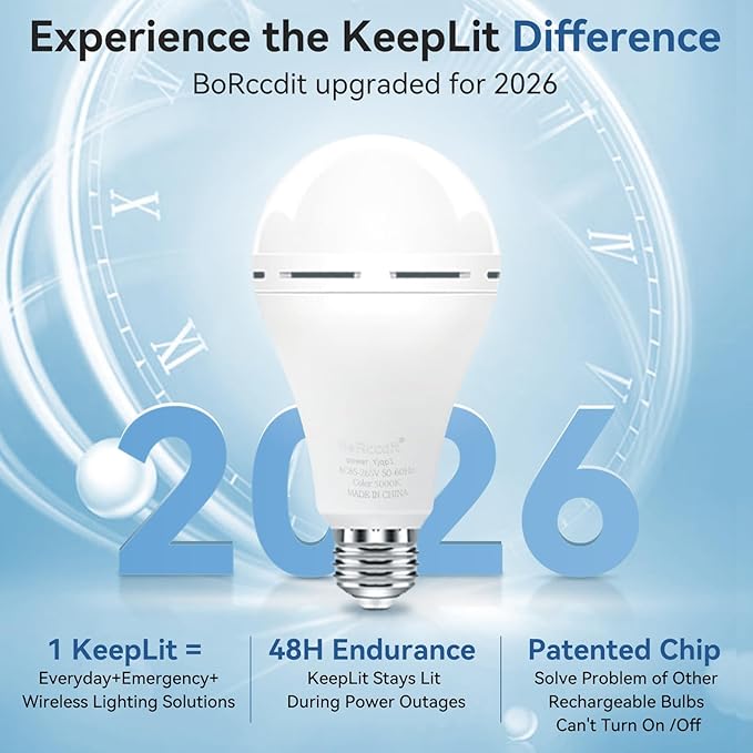 KeepLit 6PK Emergency Rechargeable Light Bulbs, 48H Battery Backup, 3 Brightness Levels, 12W 65W Equivalent A19 LED Bulbs Auto-On During Power Outage, for Hurricane, Emergency Use (Daylight)