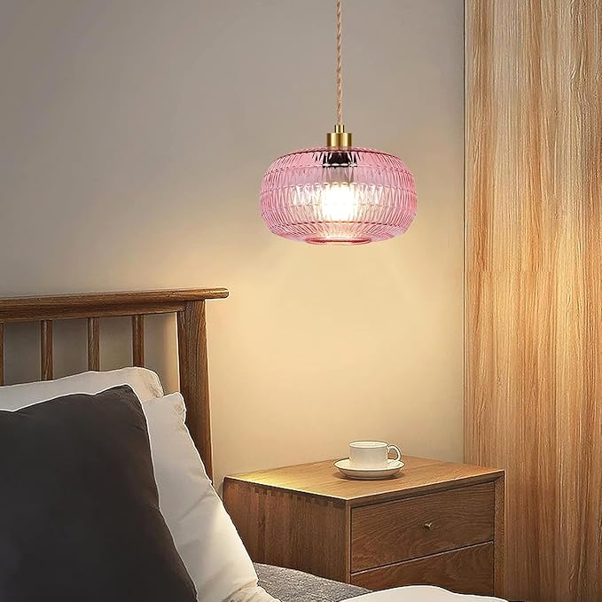 Pink Plug in Pendant Light Hanging Lights with Plug in Cord Boho Hanging Lamp Glass Gold Mid Century Modern Vintage Dimmable Flower Plug in Chandelier Ceiling Fixture for Living Room,Kitchen