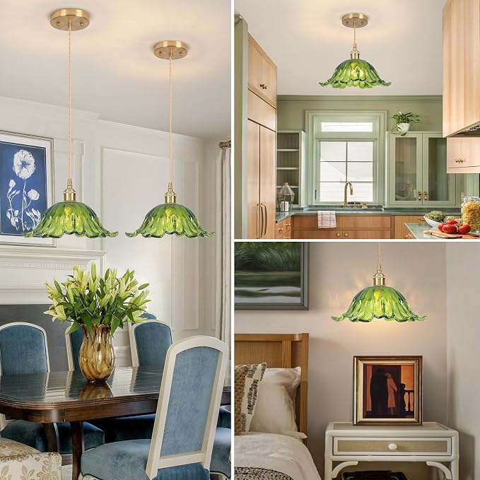 Battery Operated Pendant Light,Green Chandelier 2500mAh RGB Light Bulb 11in Vintage Light Fixtures with Remote Control Wireless Adjustable Rechargeable Chandelier for Kitchen Island Hallway 2pack
