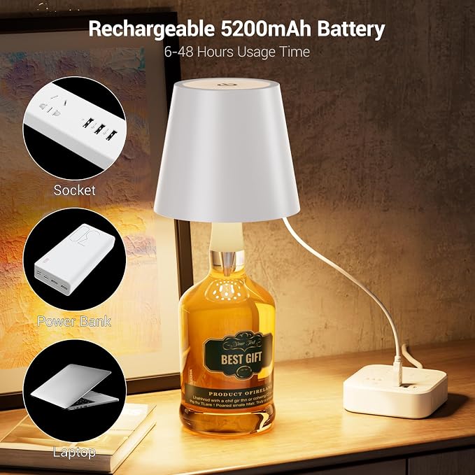 2 Pack Wireless Bottle Lamp 3 Color and Stepless Dimming LED Wine Bottle Lamp Shade with Stopper, Rechargeable Touch Wine Bottle Lights for Liquor Bottle Bars Restaurants-Black