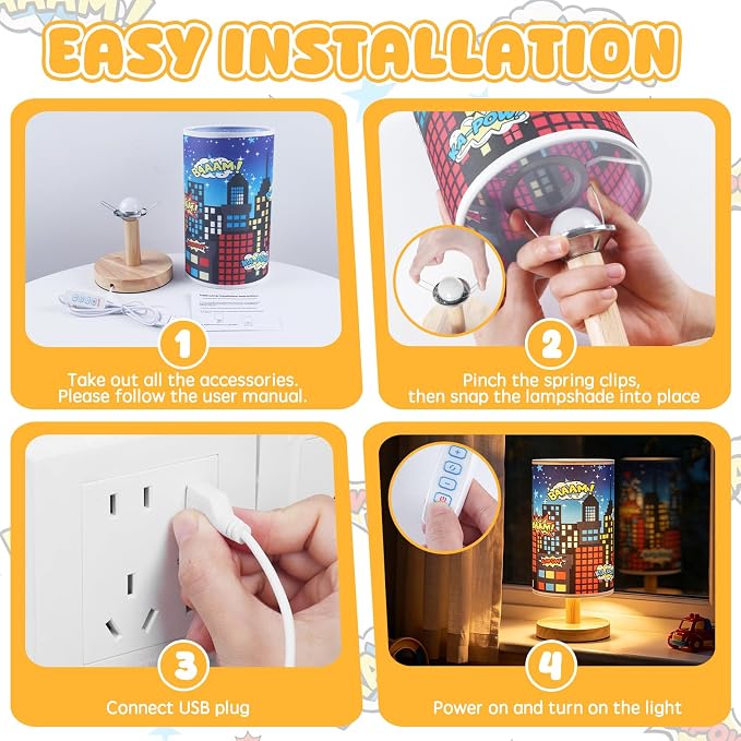 City Table Lamp for Kids Bedroom, 3-Way Dimmable Bedside Lamp with Wooden Base and Fabric Shade, Comic Book Night Light for Boys Room Decor, Cartoon Skyline Lamp for Nursery Playroom