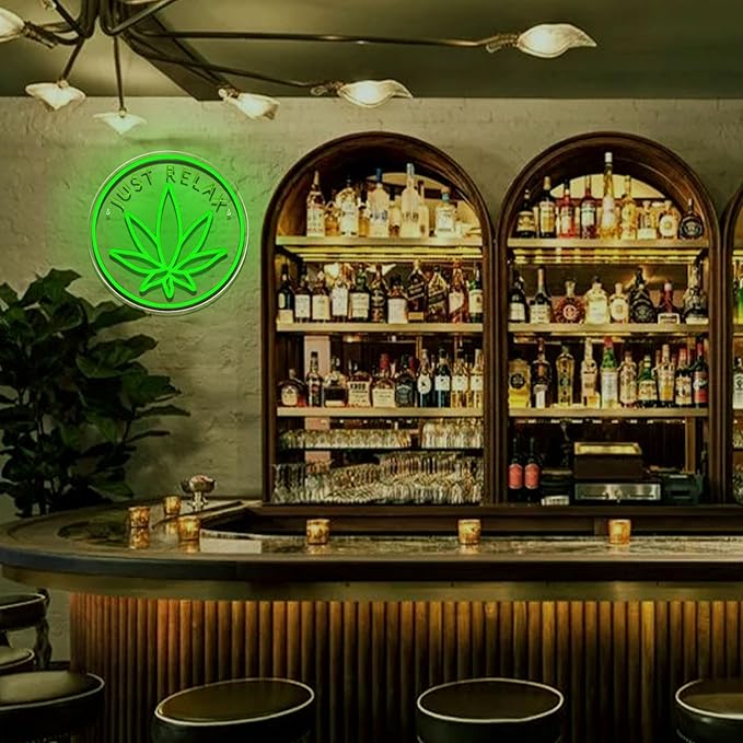 Just Relax Neon Sign Dimmable Green Leaf LED Neon Lights Signs for Wall Decor Leaf Weed Neon Light for Man Cave Smoker Bedroom Game Room Hotel Bar Club Party Decor