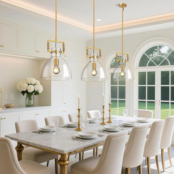 Mondern Large Gold Kitchen Island Pendant Light, 10 '' W 1-Light Glass and Brass Island Pendant Lights,Dome Pendant Light, for Kitchen,Dining Room,Bathroom,Bar