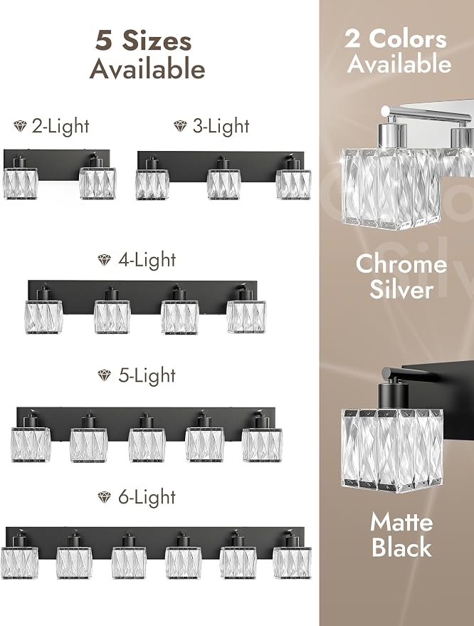 VOLISUN Black Bathroom Light Fixtures, Modern Bathroom Lighting Fixtures Over Mirror, 6 Light Bathrooms Vanity Light, Crystal Vanity Light for Bathrooms-UL Certificated(Exclude Bulb)
