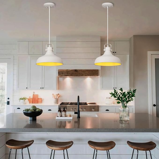 White Modern Pendant Lights Kitchen Island Fixtures | ETL Certificate,Industrial Adjustable Height Vintage Dome Hanging Light Fixtures for Barn,Dining Room 3 Pack