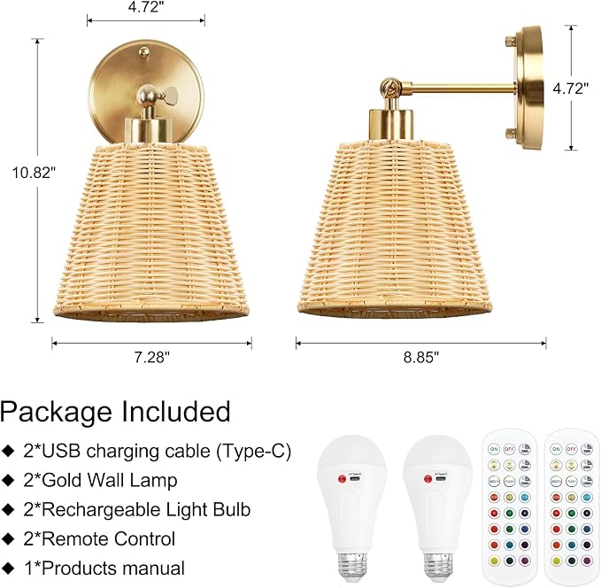 Frideko Rattan Rechargeable Wall Sconces Set of Two with Remote, RGB 15 Colors Dimmable Battery Operated Wall Lights, Indoor Wireless Wall Lamp with 3 Timer, Farmhouse Boho Sconce Light for Bedroom