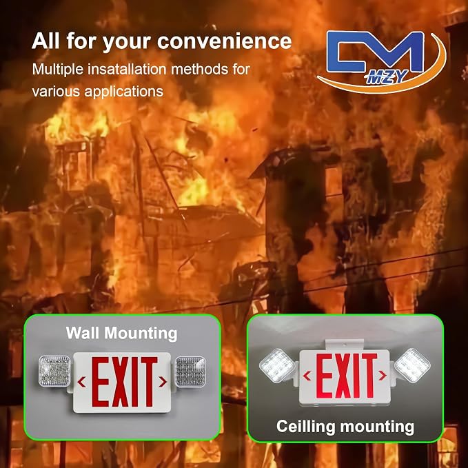 Red LED Exit Sign Emergency Light Combo, UL Listed Battery Backup | UL-listed commercial fire exit sign features 90-min battery backup, 360° rotating dual heads, and easy dual-mount setup.