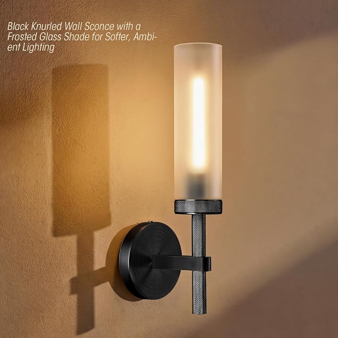 Bblack Knurled Wall Sconce 15", Bathroom Wall Sconce,Glass Tube Brass Sconces Wall Lighting,Bathroom Sconces Side of Mirror,Vanity Sconce Lights for Bath