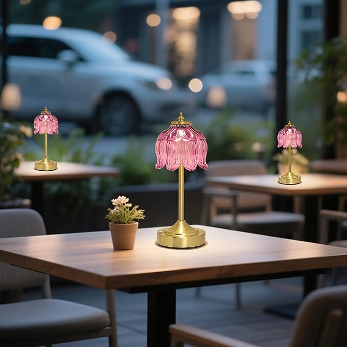 Cordless Table Lamp, Rechargeable Purple Glass Lotus Flower Lamp | 5200mAh touch lamp with 3 color modes and stepless dimming, battery operated lamp for nightstands and kitchen counters