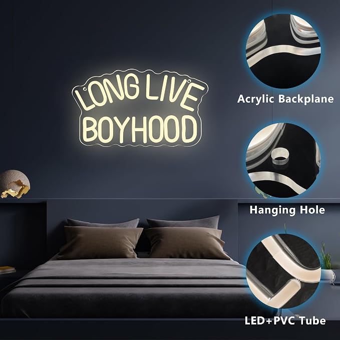 Long Live Boyhood Neon Signs for Wall Decor,Dimmable Motivational Sign Inspirational Wall Decor,Usb Powered for Man Cave Kids Room Bedroom Birthday Gifts(12.4 * 7in)