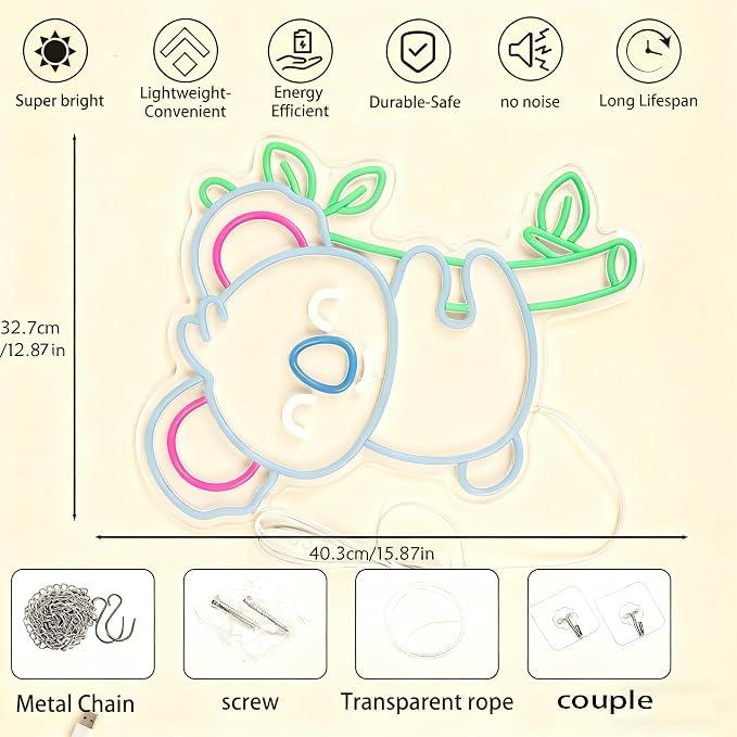 Koala Neon Sign Dimmable LED Animal Neon Sign for Kids Room Wall Decor | Cute Koala Design Creates a Cozy Atmosphere for Nursery Baby Room Playroom Bedroom Office Animal Theme Decorations Gift Ideas
